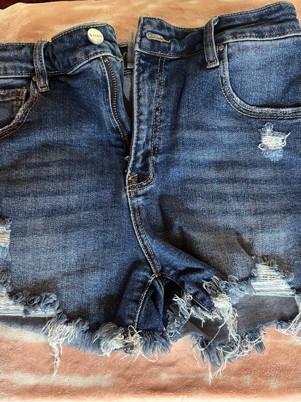 Distressed Dark Blue Denim Jean Shorts with Frayed Hem